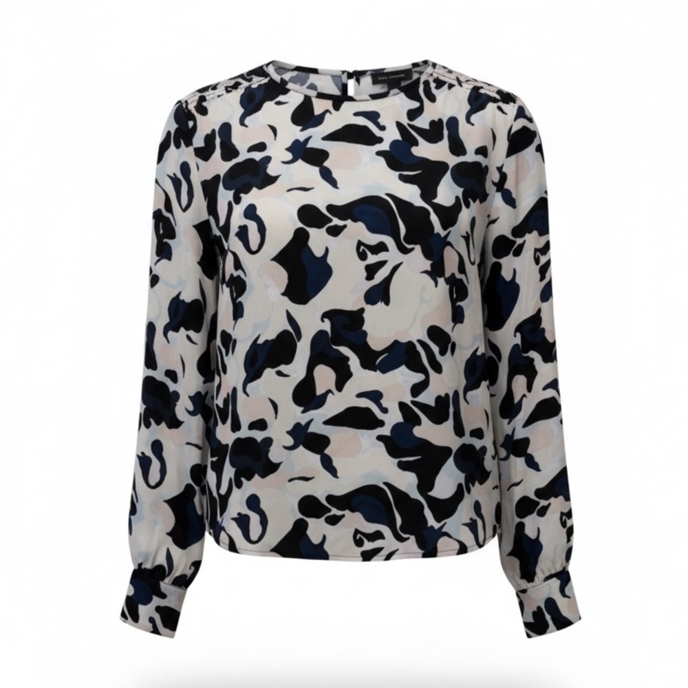 Club Monaco black/blue mix smocked shoulder top, XS